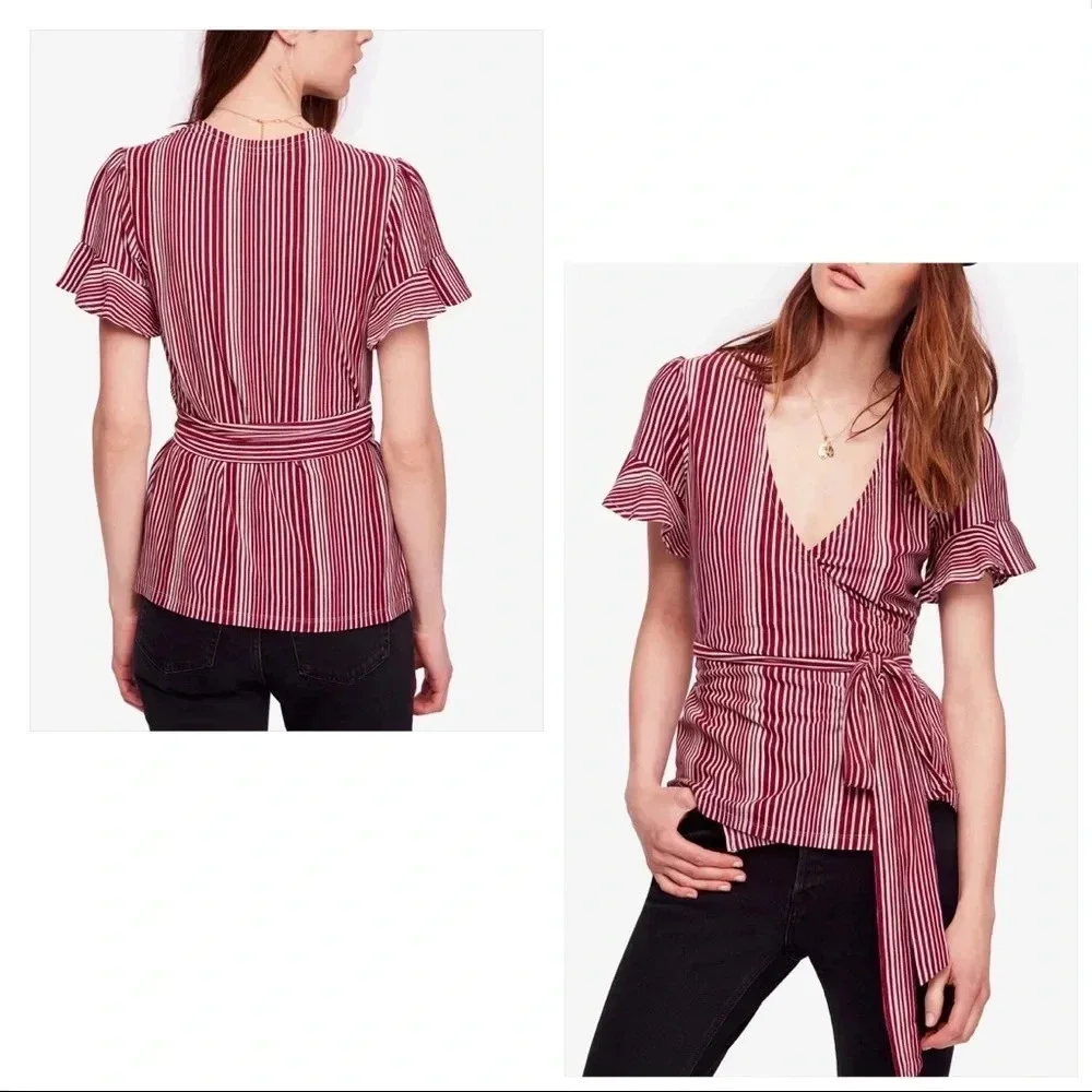 Free People NWT Wine Wrapped Around My Finger Cotton Striped Wrap Top - Picture 3 of 13